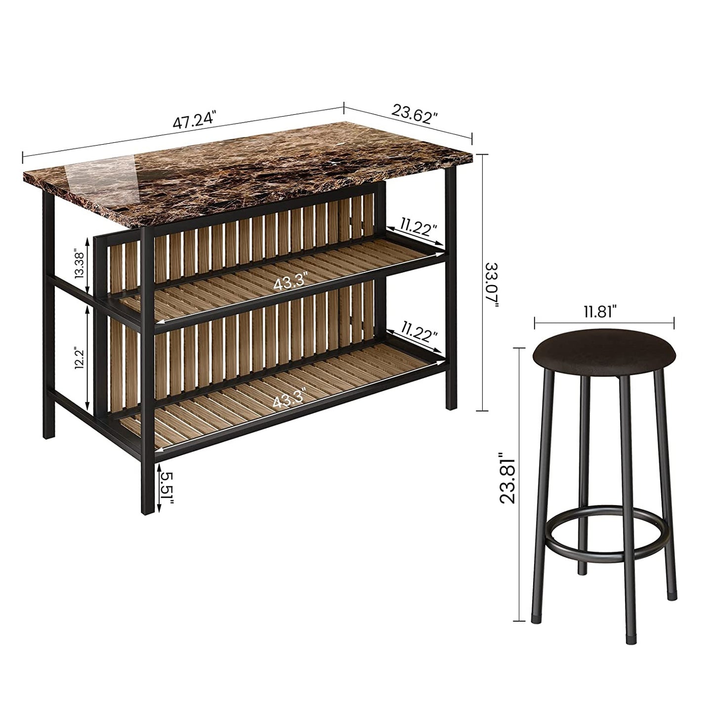 Wood Stationary Kitchen Island and Stools Set, BTMWAY 3 Piece Faux Marble Kitchen Island Set with 2 Seating, Dining Table Set with Storage Shelf, 47x24in Large Tabletop, for Small Space, Brwon