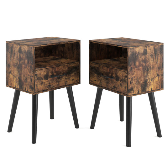 BTMWAY Modern Brown Nightstands Set of 2, Wood Bedside Nightstand with Storage Drawers and Open Shelf, Bedside Cupboard End Bedside Table for Home Living Room Bedroom, Brown, N433