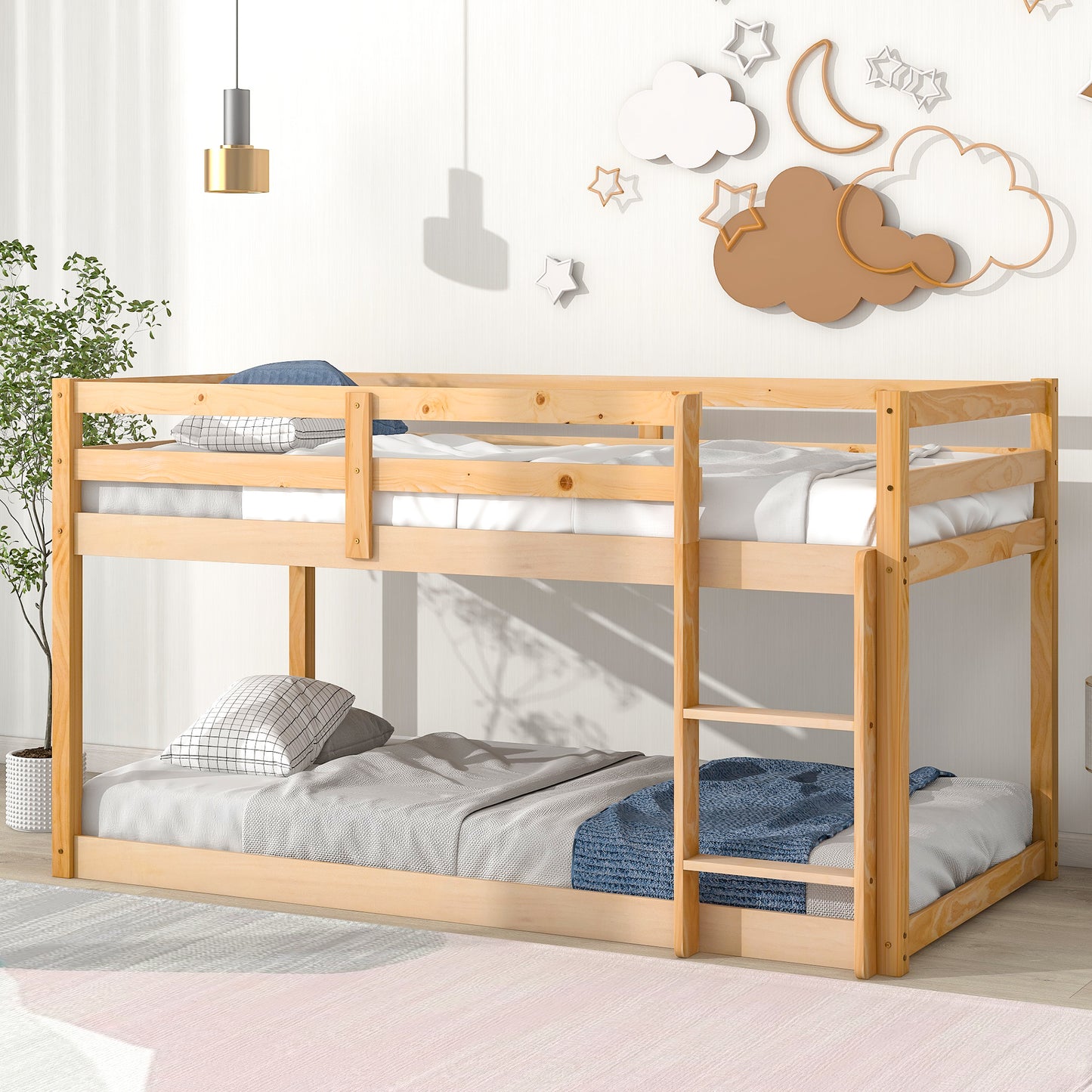 BTMWAY Low Bunk Beds for Kids, New Upgraded Twin Over Twin Floor Bunk Bed with Safety Guard Rail and Ladder