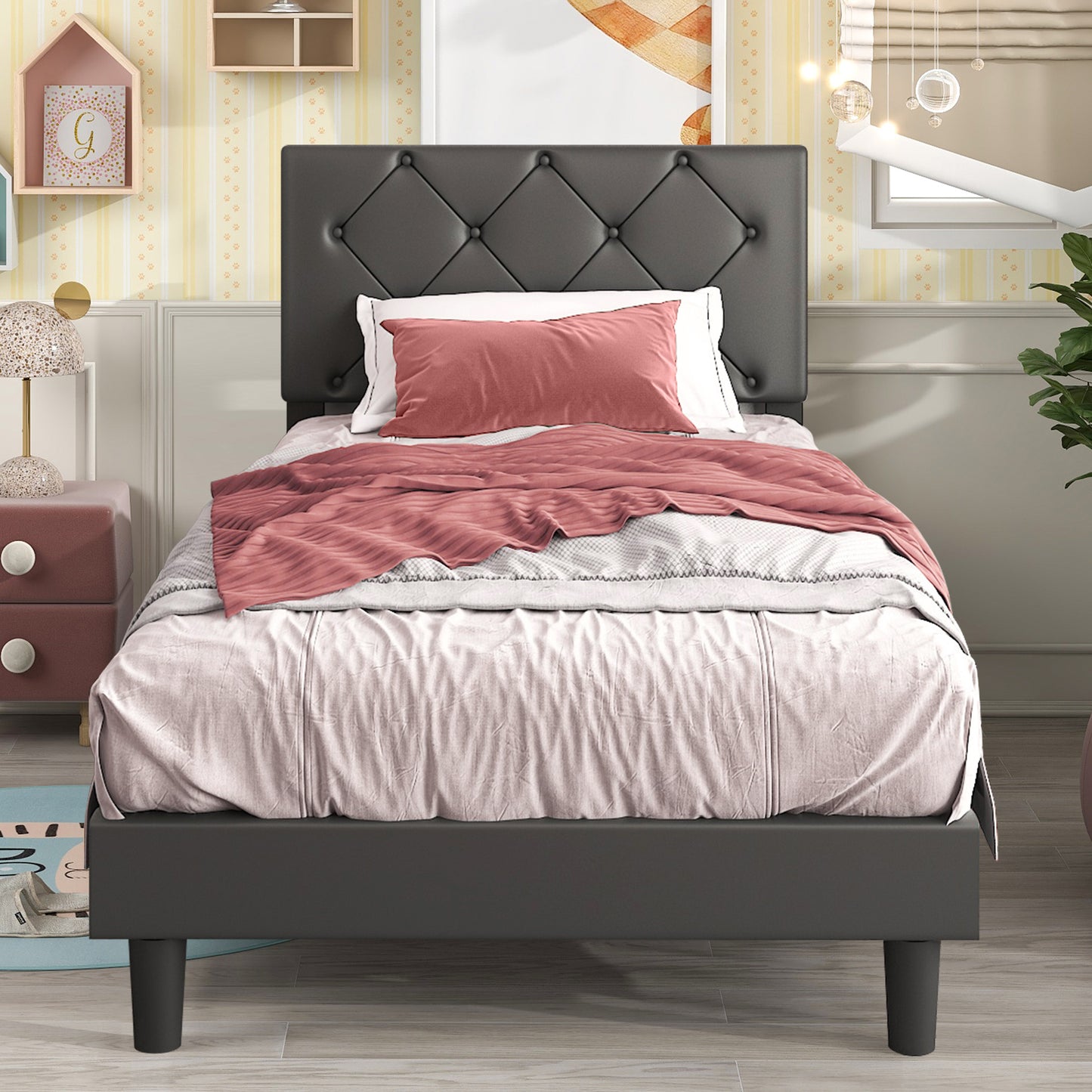 BTMWAY Upholstered Queen Bed, Faux Leather Upholstered Platform Bed Frame with Headboard, LJC