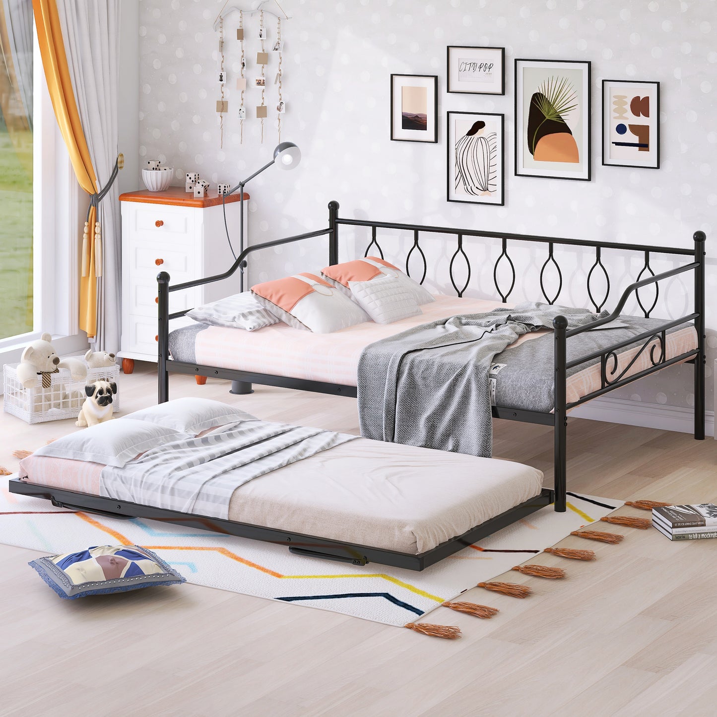 BTMWAY Daybed with Trundle Included, Twin Size Metal Daybed Frame with Adjustable Trundle, Heavy Duty Extendable Daybed with Pop Up Trundle Bed