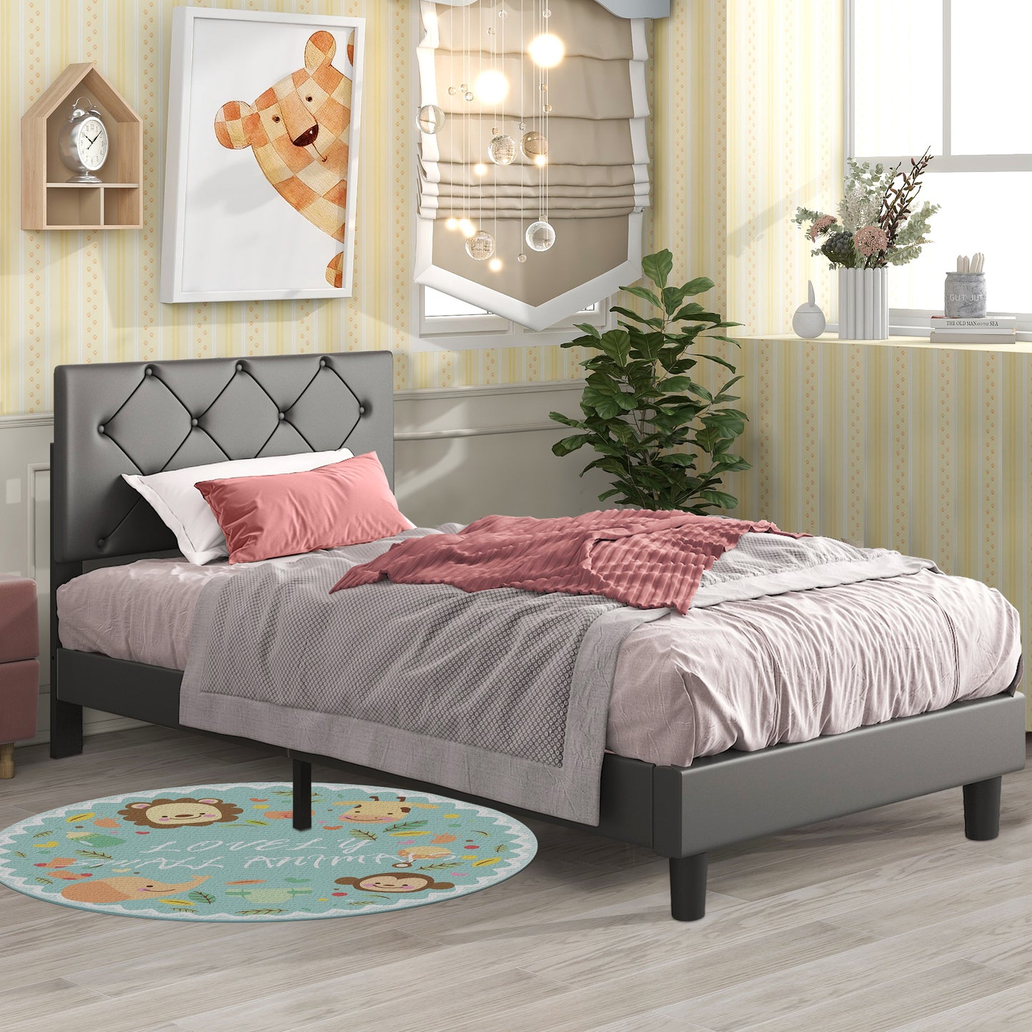 BTMWAY Upholstered Queen Bed, Faux Leather Upholstered Platform Bed Frame with Headboard, LJC