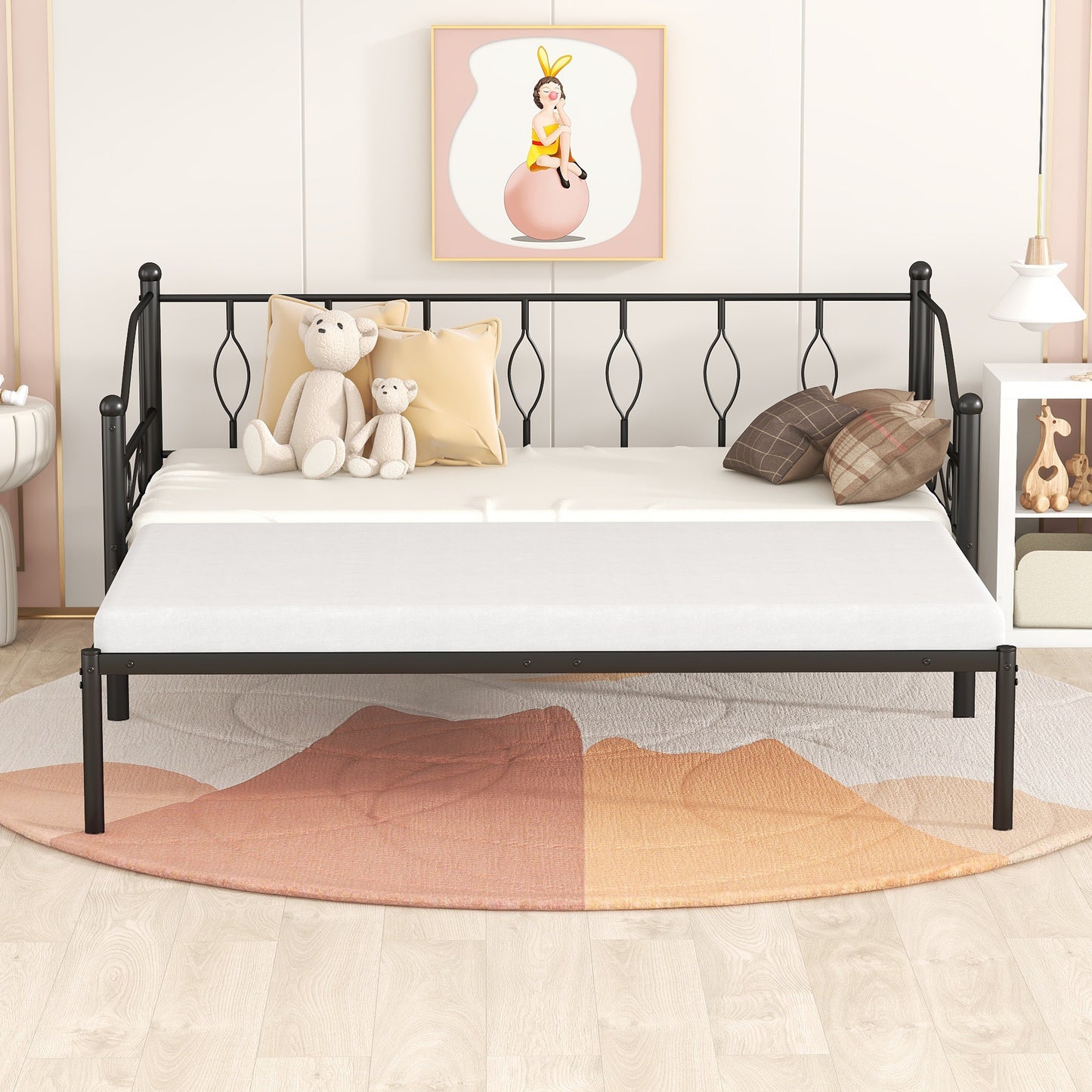 BTMWAY Daybed with Trundle Included, Twin Size Metal Daybed Frame with Adjustable Trundle, Heavy Duty Extendable Daybed with Pop Up Trundle Bed