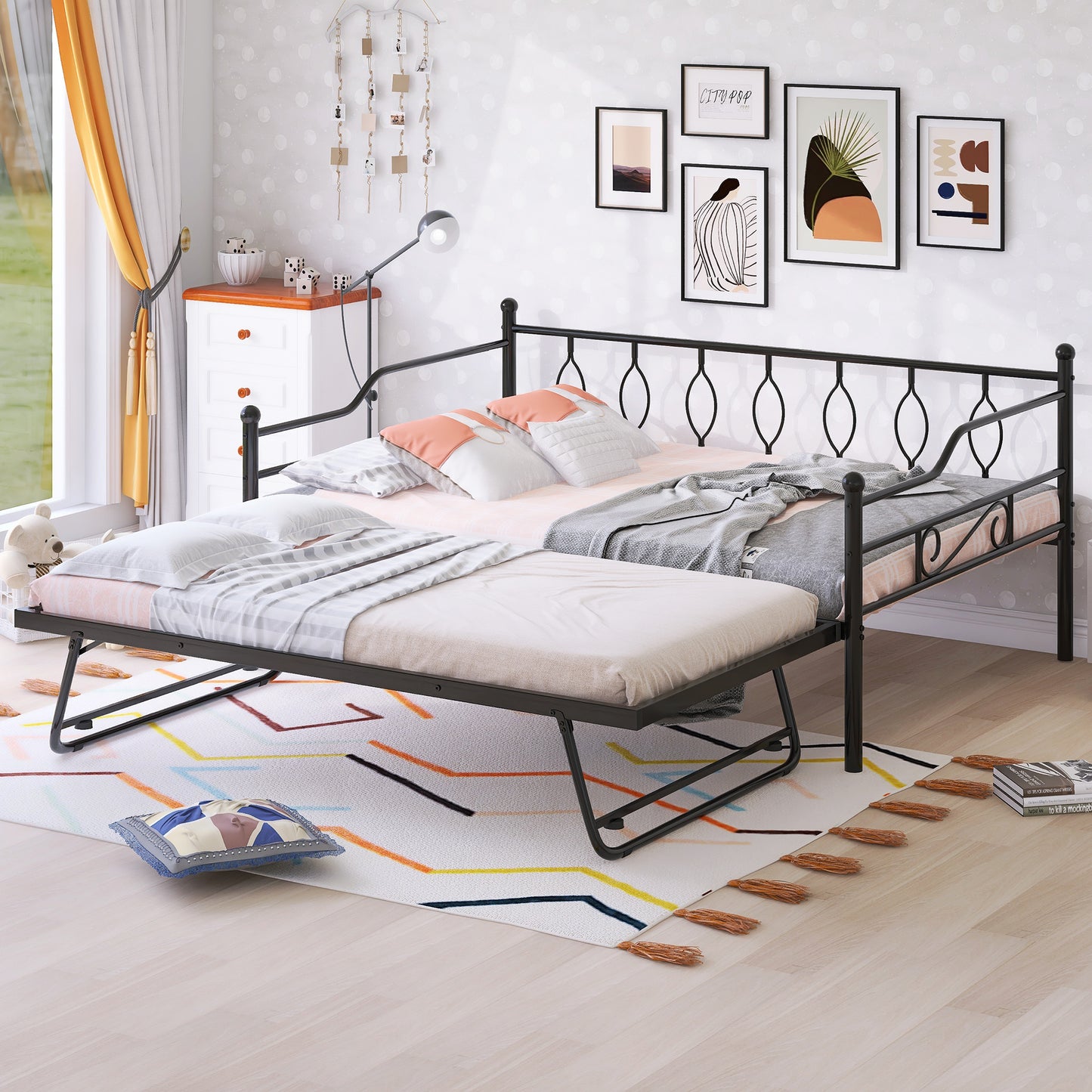 BTMWAY Daybed with Trundle Included, Twin Size Metal Daybed Frame with Adjustable Trundle, Heavy Duty Extendable Daybed with Pop Up Trundle Bed