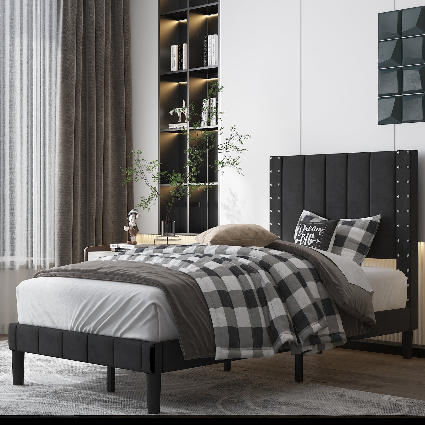 BTMWAY Upholstered Queen Bed, Faux Leather Upholstered Platform Bed Frame with Headboard, LJC