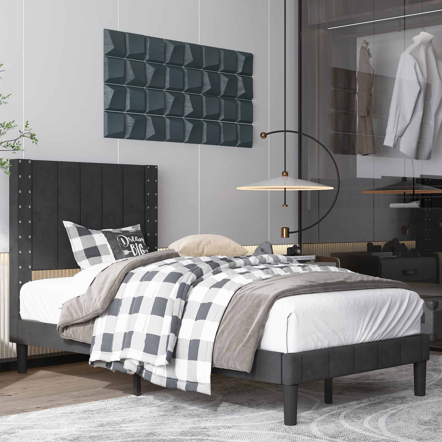 BTMWAY Upholstered Queen Bed, Faux Leather Upholstered Platform Bed Frame with Headboard, LJC