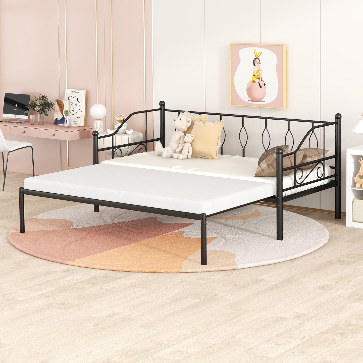 BTMWAY Daybed with Trundle Included, Twin Size Metal Daybed Frame with Adjustable Trundle, Heavy Duty Extendable Daybed with Pop Up Trundle Bed