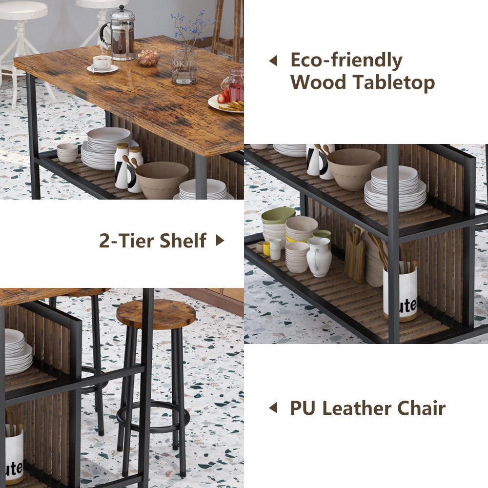 Wood Stationary Kitchen Island and Stools Set, BTMWAY 3 Piece Faux Marble Kitchen Island Set with 2 Seating, Dining Table Set with Storage Shelf, 47x24in Large Tabletop, for Small Space, Brwon