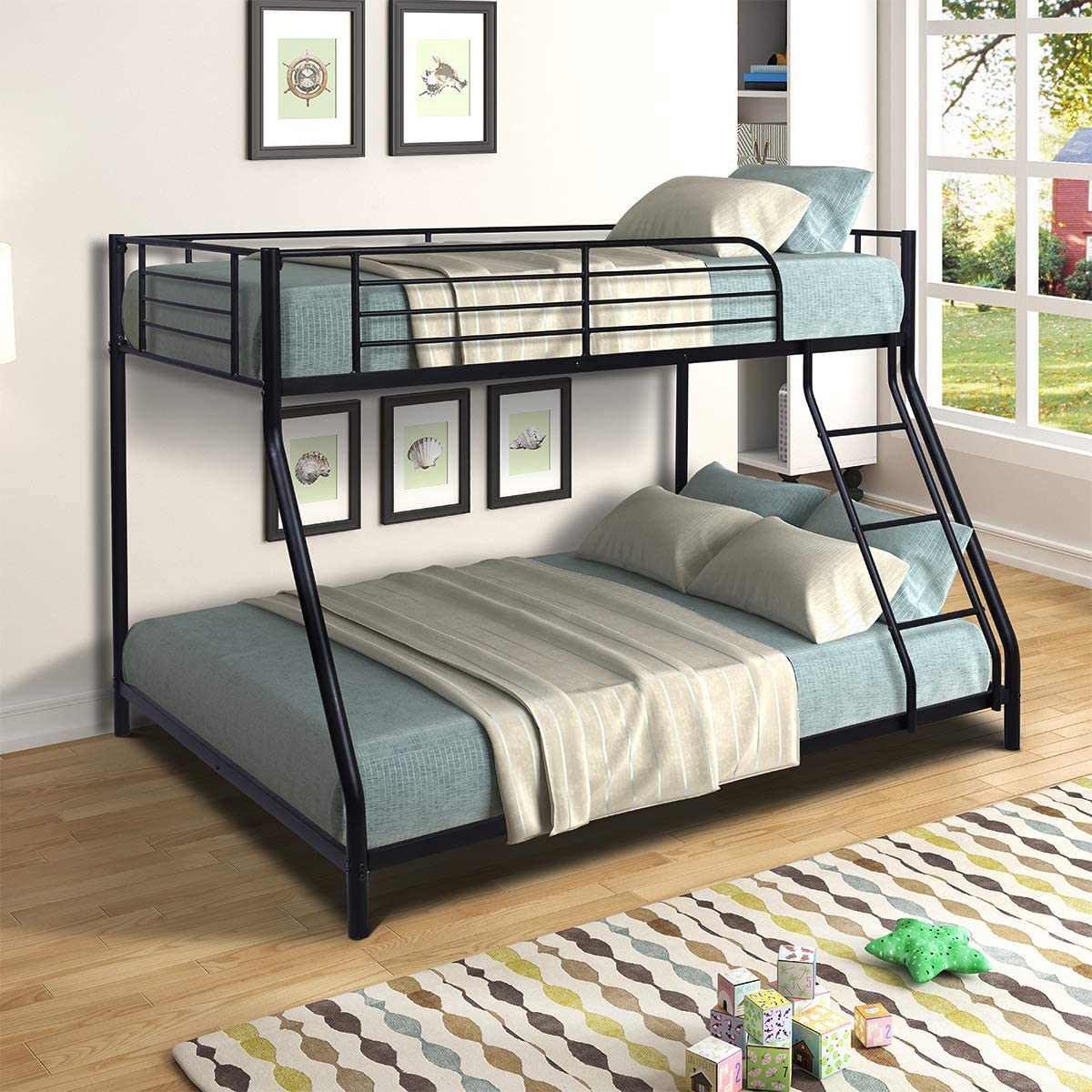 Metal Bunk Bed, Twin Over Full Bed with Ladder & Safety Guardrail, Black, A1242