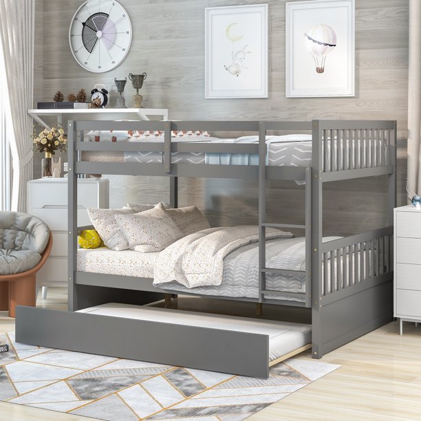 BTMWAY Full Over Full Bunk Bed, Full Size Bunk Bed Frame with Trundle, Pine Wood Full-over-Full Trundle Bed Frame, for Kids Room/Dorm Room/Bedroom, No Box Spring Needed, Gray, A2991