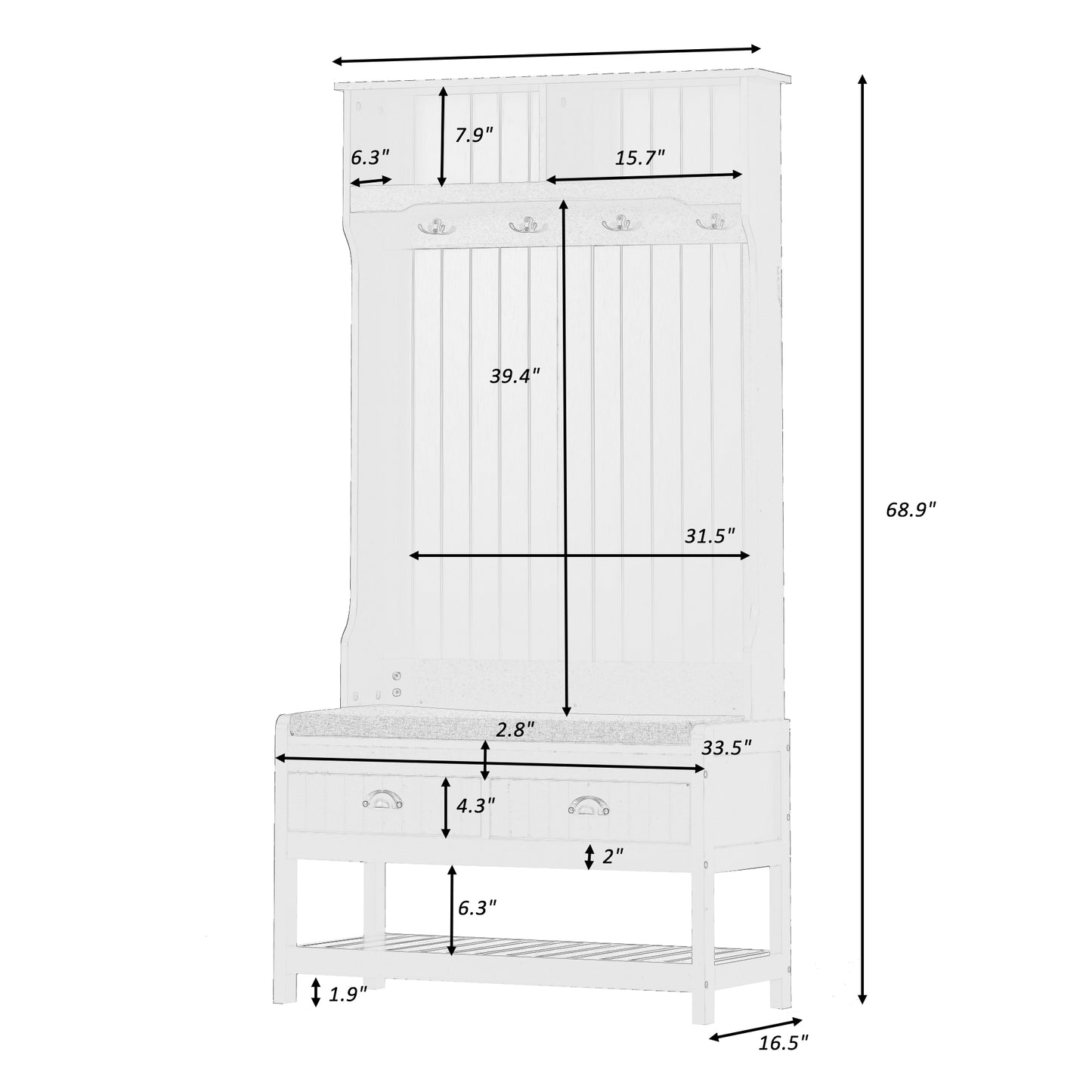 BTMWAY Hall Tree with Storage Bench, 3-in-1 Entryway Coat Rack with 4 Hooks, Coat Hanger, 2 Sliding Drawers, Shoe Cabinet, Wood Farmhouse Hall Tree for Entrance, Entryway, Hallway, Living Room, Black