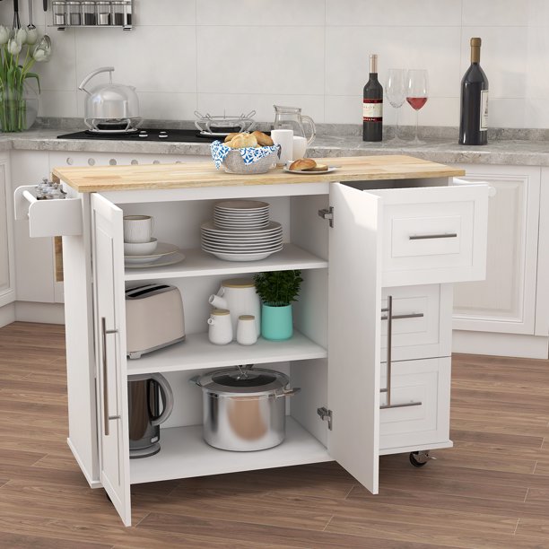 Storage Kitchen Islands on Wheels, BTMWAY Stainless Steel Table Top Kitchen Island Cart with Storage Drawers/Shelf/Towel Bar, Rolling Kitchen Trolley Utility Cart Microwave Cabinets, A5782