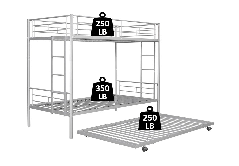 BTMWAY Twin Over Twin Bunk Bed with Trundle, Metal Bunk Beds Frame with 2 Side Ladders, Convertible Bunk Bed with Safety Guard Rails, No Box Spring Needed, Silver