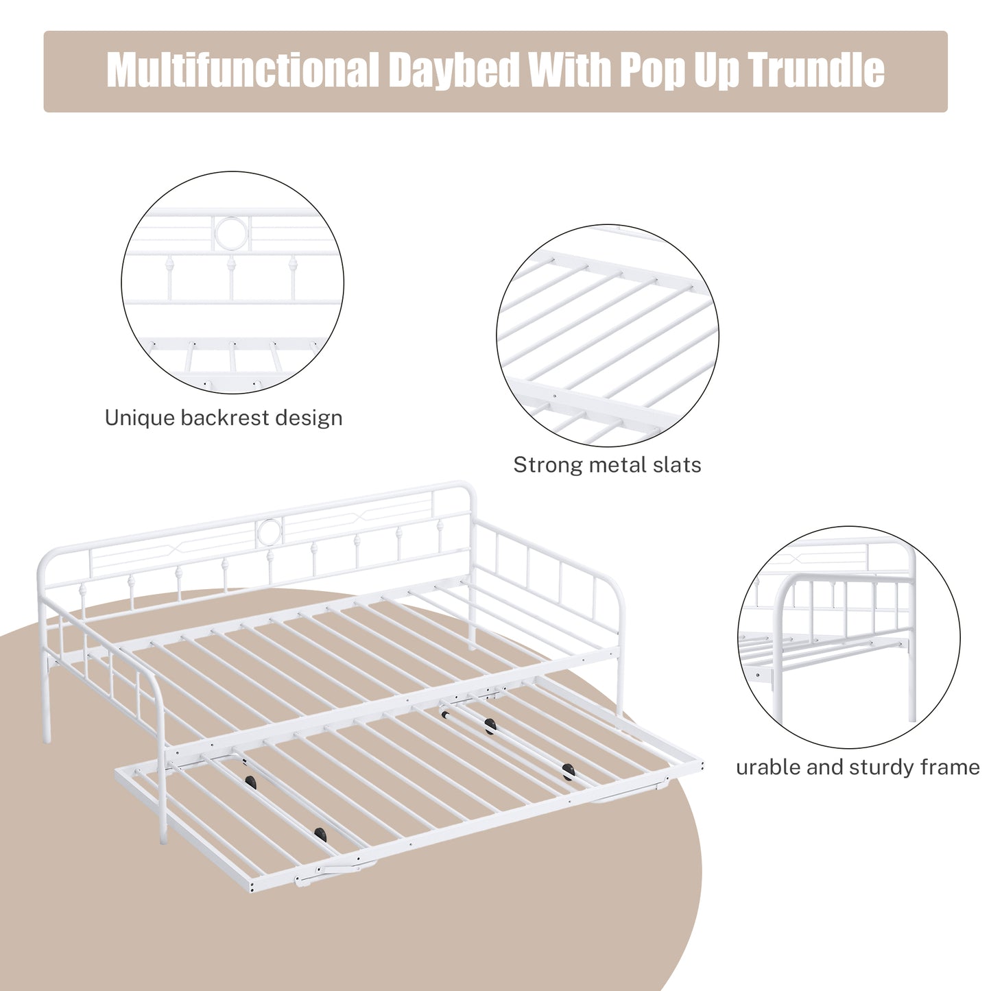 BTMWAY Daybed with Trundle Included, Twin Size Metal Daybed Frame with Adjustable Trundle, Heavy Duty Extendable Daybed with Pop Up Trundle Bed