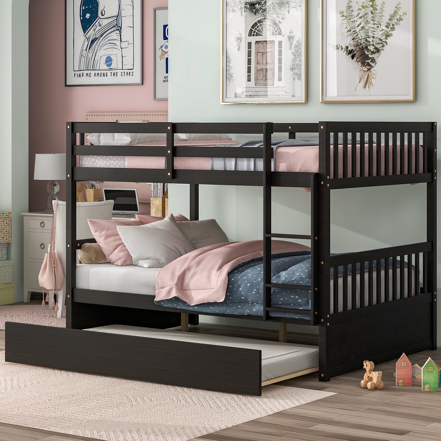 BTMWAY Full Over Full Bunk Bed, Full Size Bunk Bed Frame with Trundle, Pine Wood Full-over-Full Trundle Bed Frame, for Kids Room/Dorm Room/Bedroom, No Box Spring Needed, Gray, A2991