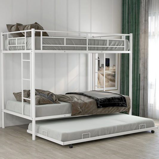 White Bunk Bed Twin Over Twin, BTMWAY Metal Bunk Bed with Trundle, Twin Size Trundle Bunk Bed Frame for Kids Teens, Dorm Room Metal Twin Bed Frame with Ladder, No Box Spring Needed, N04