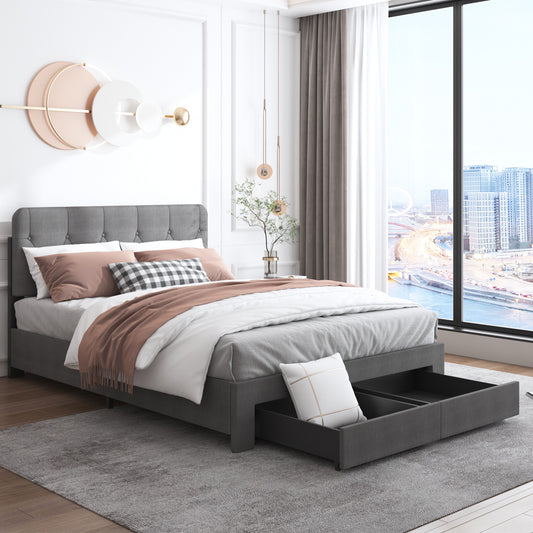 Queen Size Upholstered Bed, BTMWAY Tufted Linen Fabric Platform Bed with Storage Drawers and Adjustable Headboard, Wood Slatted Support, No Box Spring Needed, Modern Bedroom Furniture, Gray