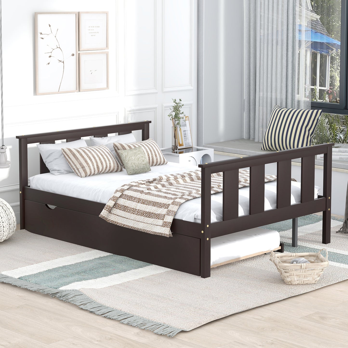 BTMWAY Full Bed with Trundle, New Upgraded Solid Wood Bed Frame, Modern Full Size Platform Bed with Headboard and Trundle Included