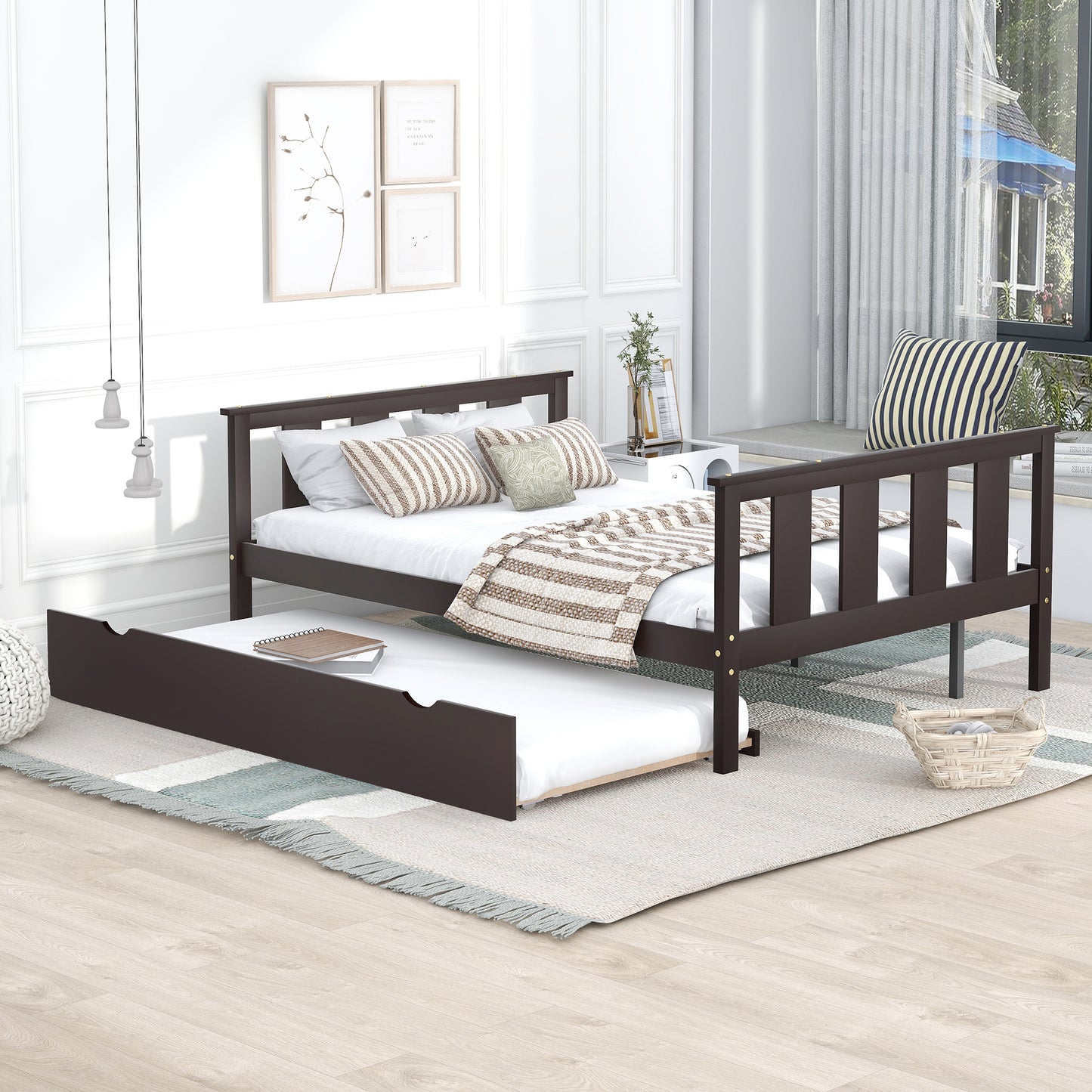 BTMWAY Full Bed with Trundle, New Upgraded Solid Wood Bed Frame, Modern Full Size Platform Bed with Headboard and Trundle Included