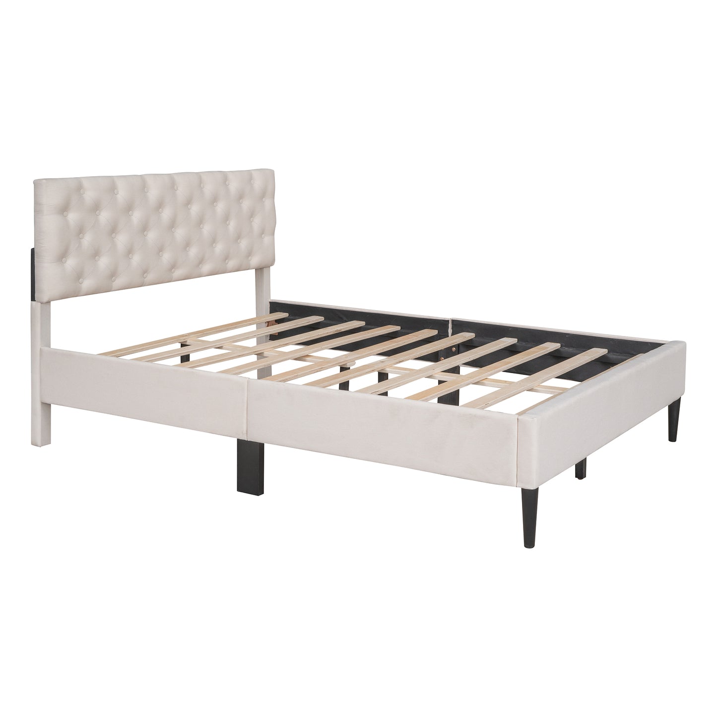 BTMWAY Full Size Bed Frame, New Upgraded Linen Fabric Upholstered Platform Bed with Button Tufted Headboard, LJC