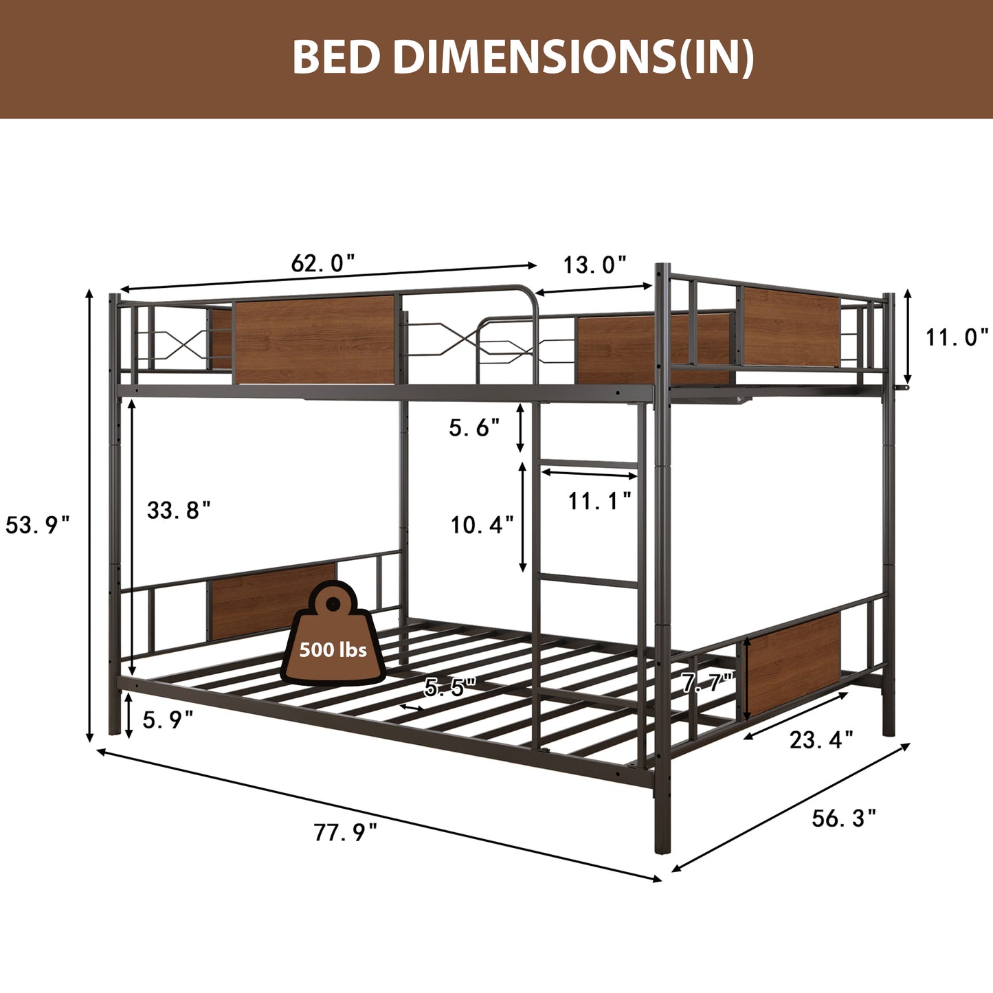 Metal Bunk Bed Full Over Full, BTMWAY Industrial Full Over Full Bunk Bed for Boys Girls, Modern Kids Bed No Box Spring Needed, Slatted Support, with Ladder and Guardrail, Up to 350lbs, A585