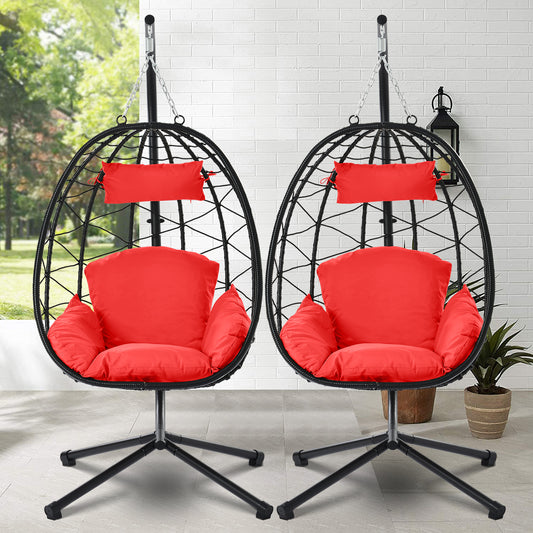 BTMWAY 2 Piece Egg Chair, Outdoor Wicker Egg Chair with Stand, Patio Swing Chair Hammock Basket Chair with Removable Cream Cushion