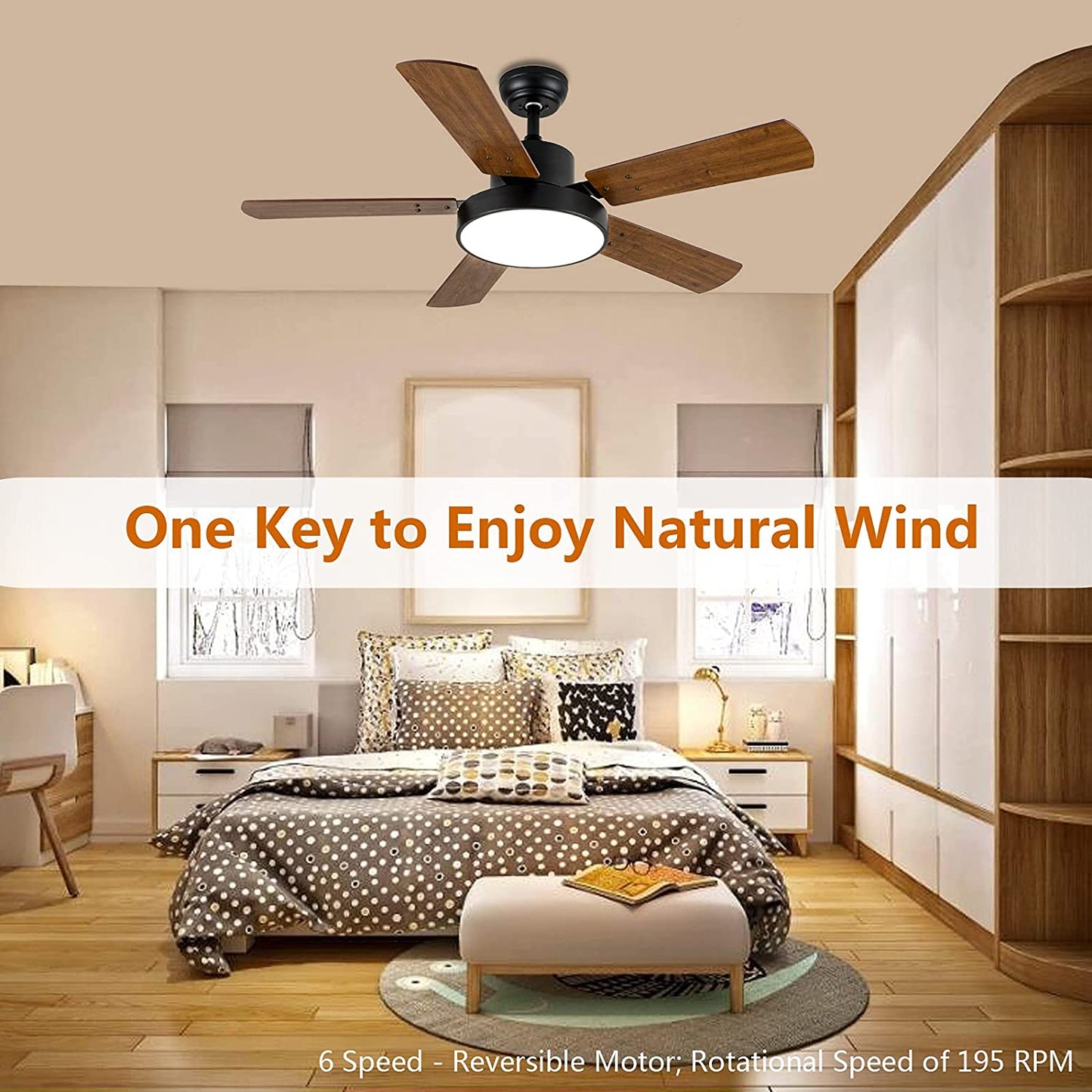 Ceiling Fan with Light, 44 Inch Ceiling Fan with Remote for Bedroom, Outdoor Indoor Ceiling Fan with 6 Speed, Wood Blades, Reversible Motor, Modern Ceiling Fan for Living Room, Patios, Brown