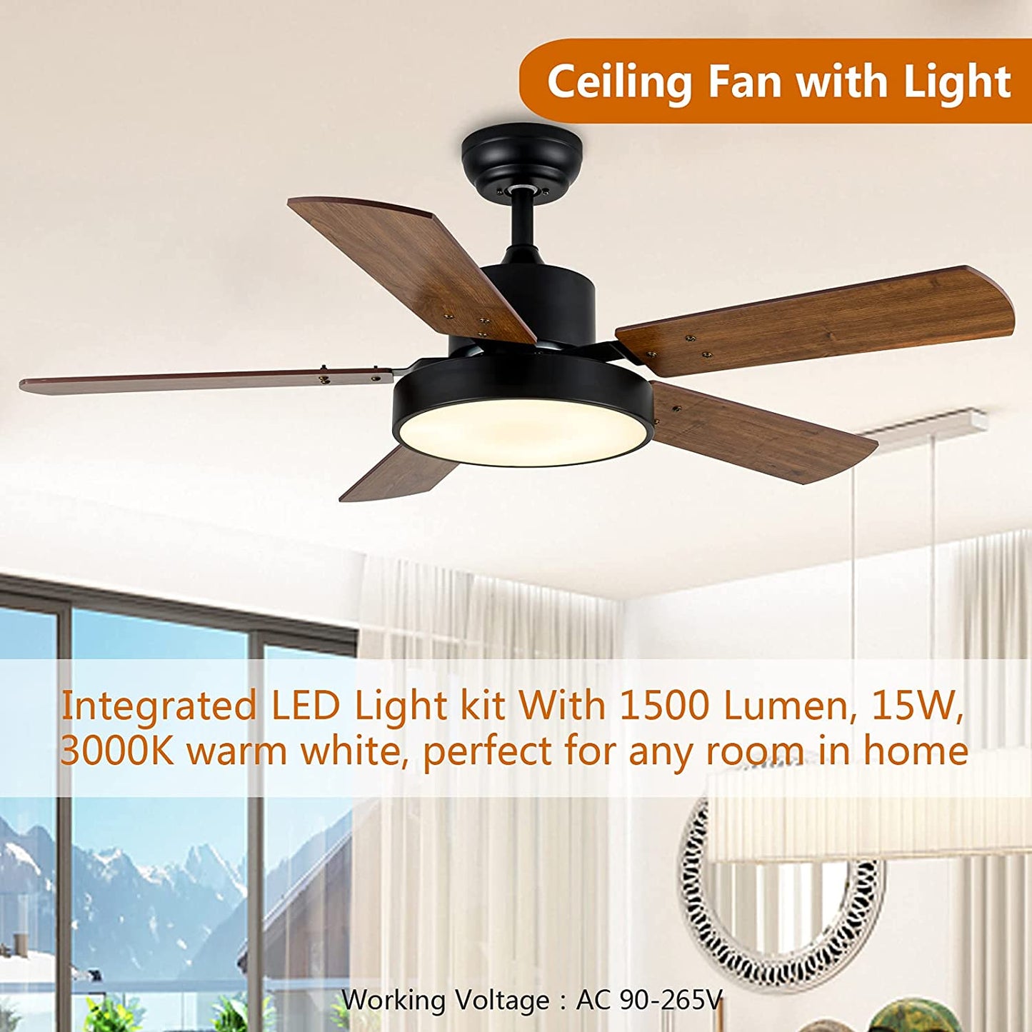 Ceiling Fan with Light, 44 Inch Ceiling Fan with Remote for Bedroom, Outdoor Indoor Ceiling Fan with 6 Speed, Wood Blades, Reversible Motor, Modern Ceiling Fan for Living Room, Patios, Brown