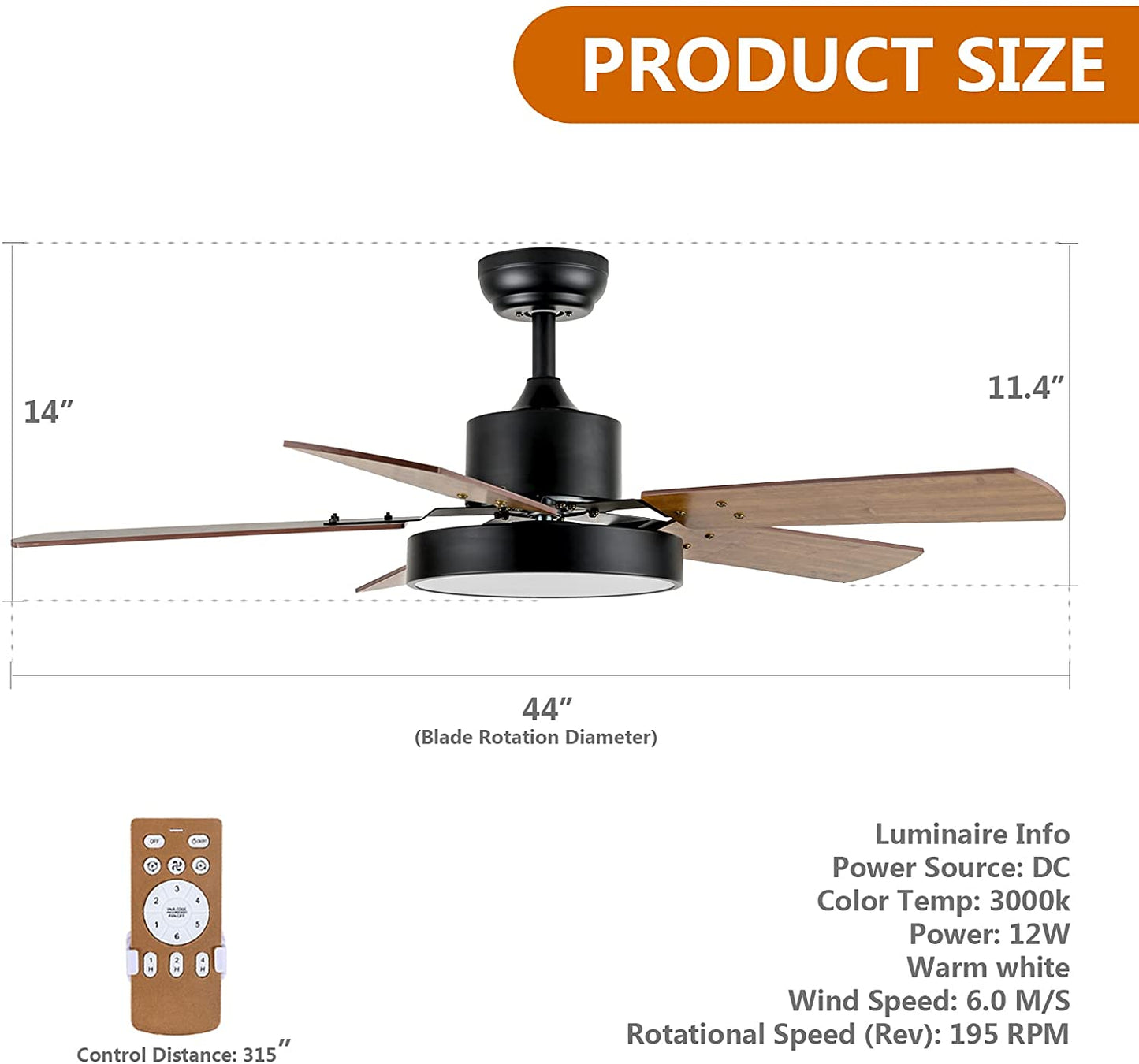 Ceiling Fan with Light, 44 Inch Ceiling Fan with Remote for Bedroom, Outdoor Indoor Ceiling Fan with 6 Speed, Wood Blades, Reversible Motor, Modern Ceiling Fan for Living Room, Patios, Brown