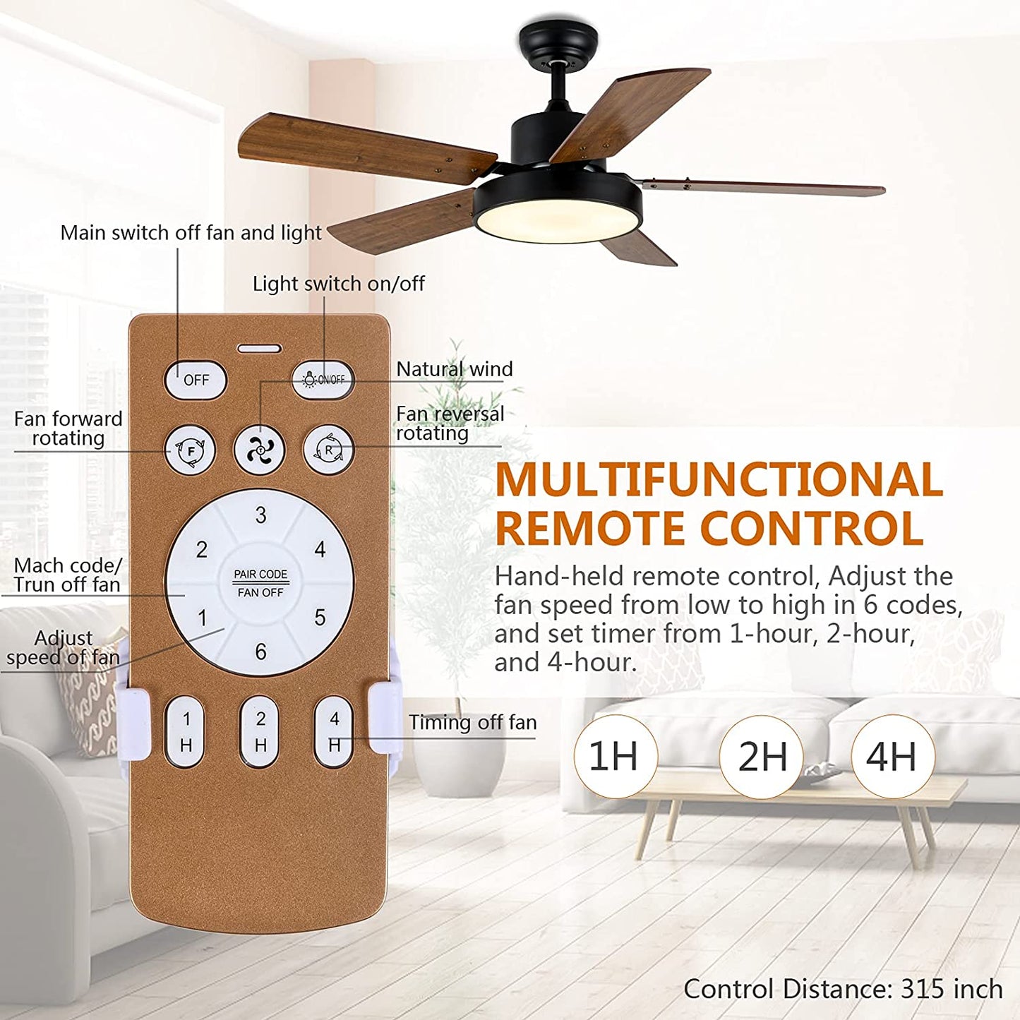 Ceiling Fan with Light, 44 Inch Ceiling Fan with Remote for Bedroom, Outdoor Indoor Ceiling Fan with 6 Speed, Wood Blades, Reversible Motor, Modern Ceiling Fan for Living Room, Patios, Brown