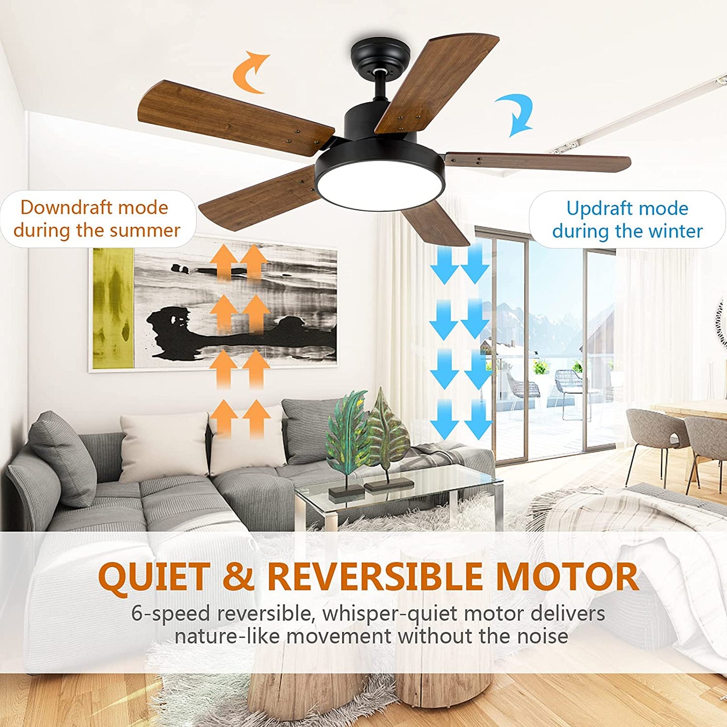 Ceiling Fan with Light, 44 Inch Ceiling Fan with Remote for Bedroom, Outdoor Indoor Ceiling Fan with 6 Speed, Wood Blades, Reversible Motor, Modern Ceiling Fan for Living Room, Patios, Brown