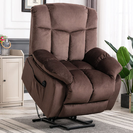 Power Lift Recliner Chair, BTMWAY 300lbs Capacity Electric Lift Recliner for Elderly, with Remote Control, Wide Seat, Side Pocket, Extended Footrest, Fabric Sofa Chairs for Living Room, Brown, N3162