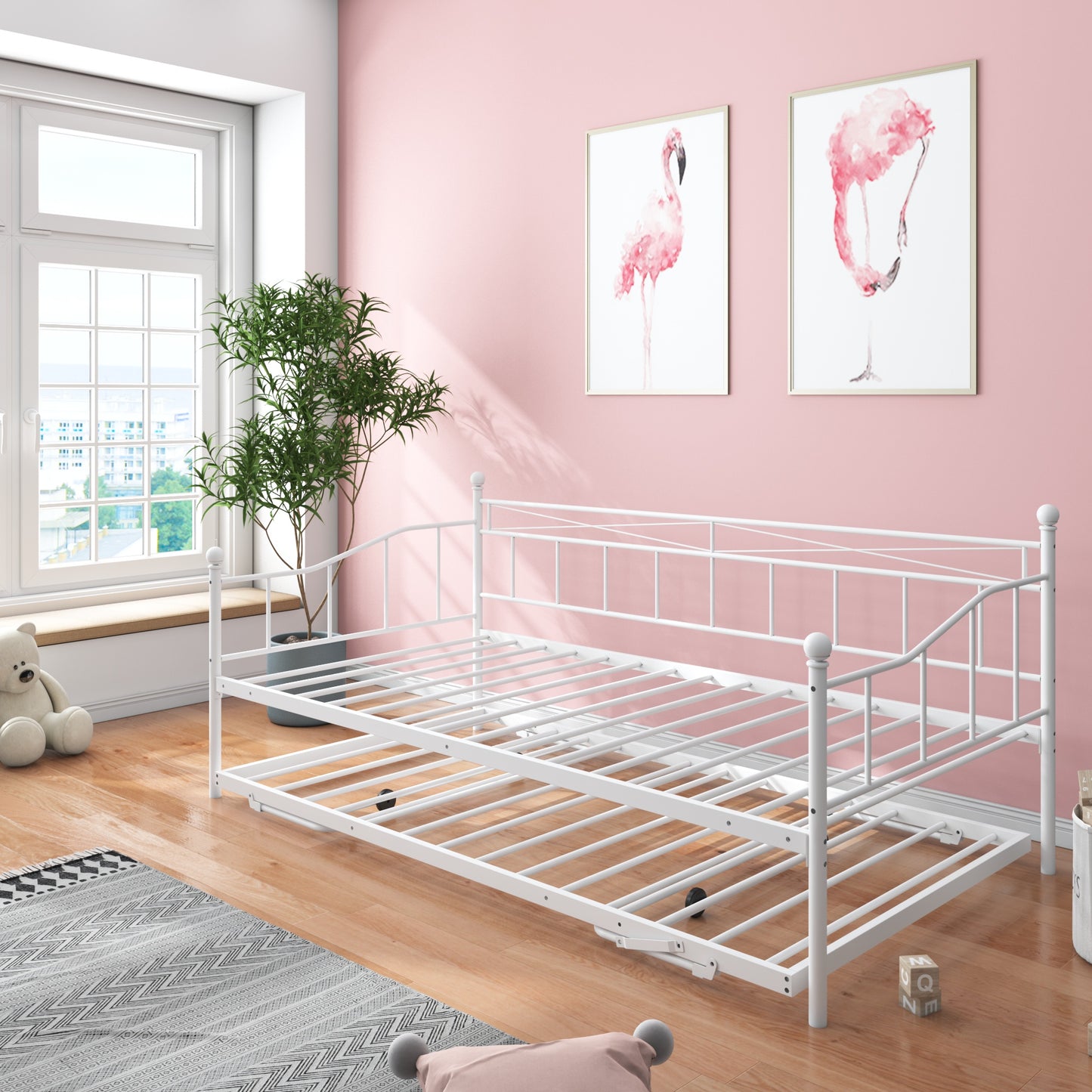 BTMWAY Daybed with Trundle Included, Twin Size Metal Daybed Frame with Adjustable Trundle, Heavy Duty Extendable Daybed with Pop Up Trundle Bed