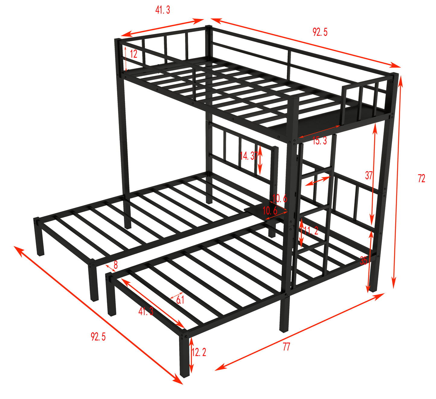 Metal Triple Bunk Beds, Twin Over Twin Over  Bunk Bed for Kids Teens Adults, Can be Separated into 3 Twin Beds with Headboard, Black, R1211