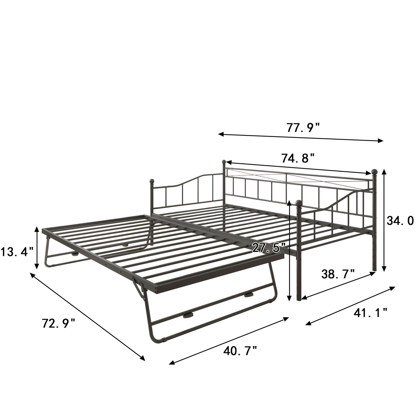 BTMWAY Daybed with Trundle Included, Twin Size Metal Daybed Frame with Adjustable Trundle, Heavy Duty Extendable Daybed with Pop Up Trundle Bed