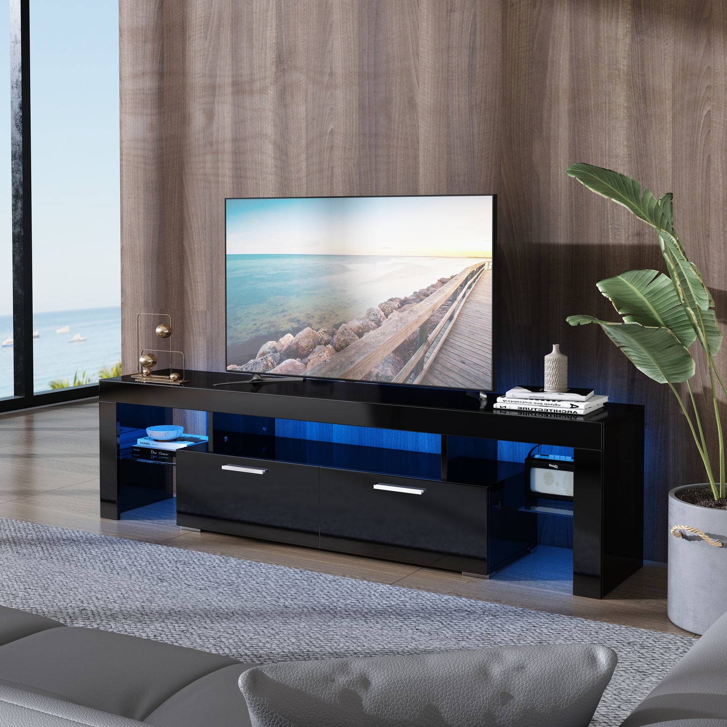 Black TV Stand for 70 Inch TV, Modern High Glossy TV Cabinet with Remote Control 16 Colors LED Lights