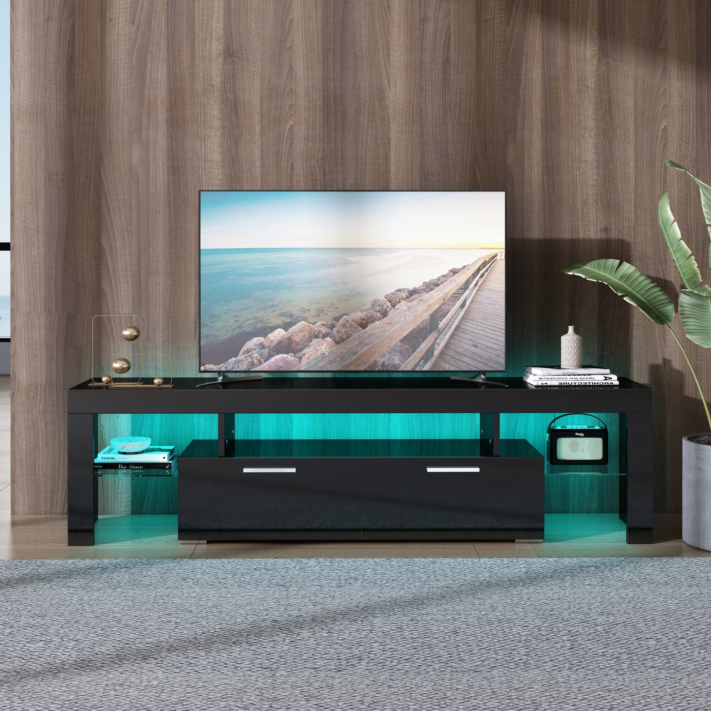 Black TV Stand for 70 Inch TV, Modern High Glossy TV Cabinet with Remote Control 16 Colors LED Lights