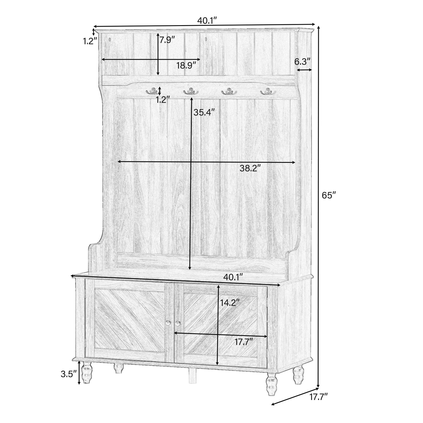 Hall Tree with Storage Bench, BTMWAY 3-in-1 Entryway Coat Rack with 4 Hooks, Coat Hanger, Shoe Cabinet, Entryway Bench, Wood Farmhouse Hall Tree for Entrance, Entryway, Hallway, Living Room, Tiger