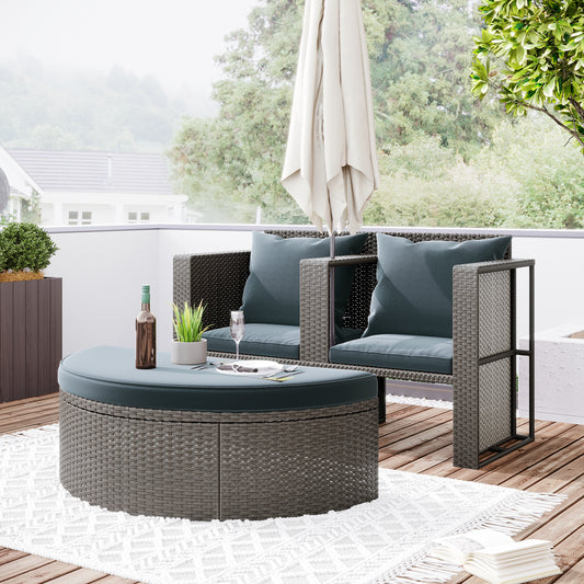 BTMWAY 2 Pcs Patio Furniture Set, Outdoor Wicker Half-moon Sectional Furniture Set with Side Table and Umbrella Hole, Gray