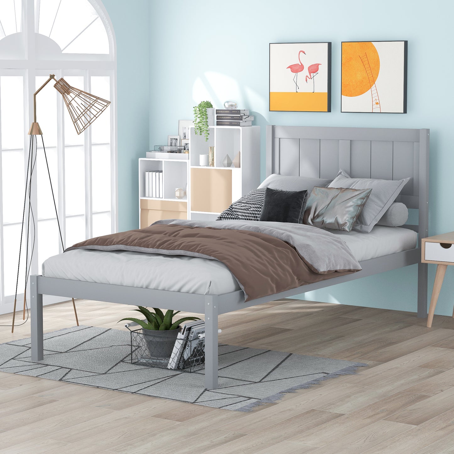 BTMWAY Twin Bed Frame with Headboard, Modern Wood Platform Bed for Kids Teens Adults