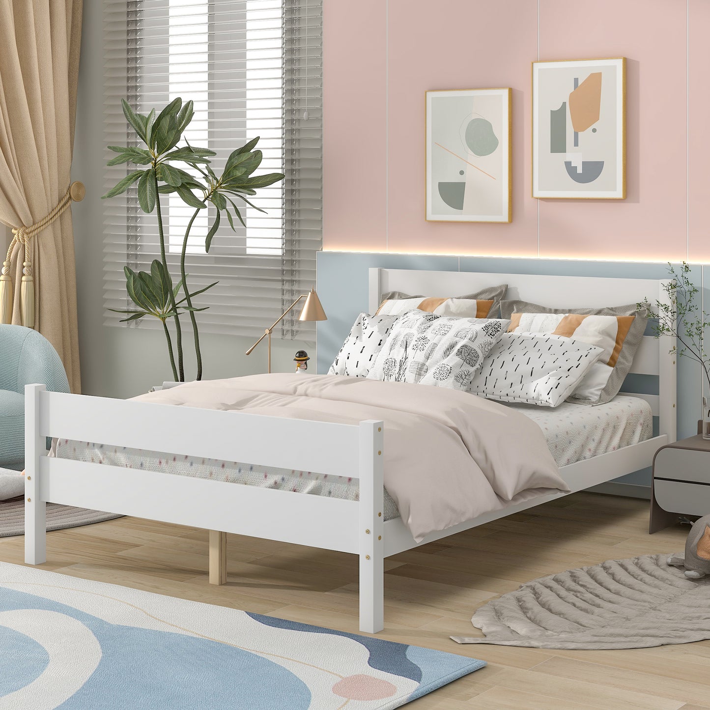 BTMWAY Wood Twin Bed Frame for Kids, Solid Wood Platform Bed Frame with Headboard and Footboard, LJC