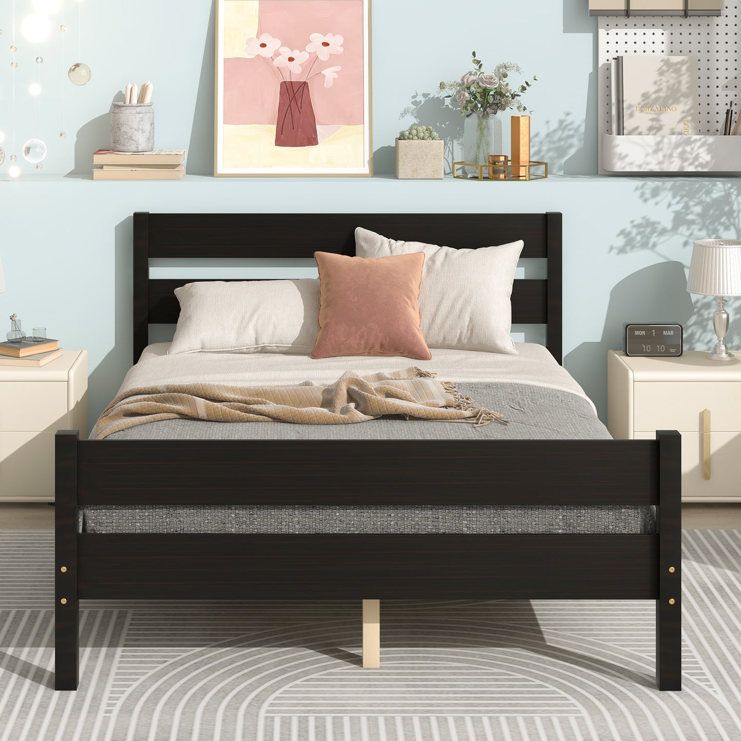 BTMWAY Wood Twin Bed Frame for Kids, Solid Wood Platform Bed Frame with Headboard and Footboard, LJC