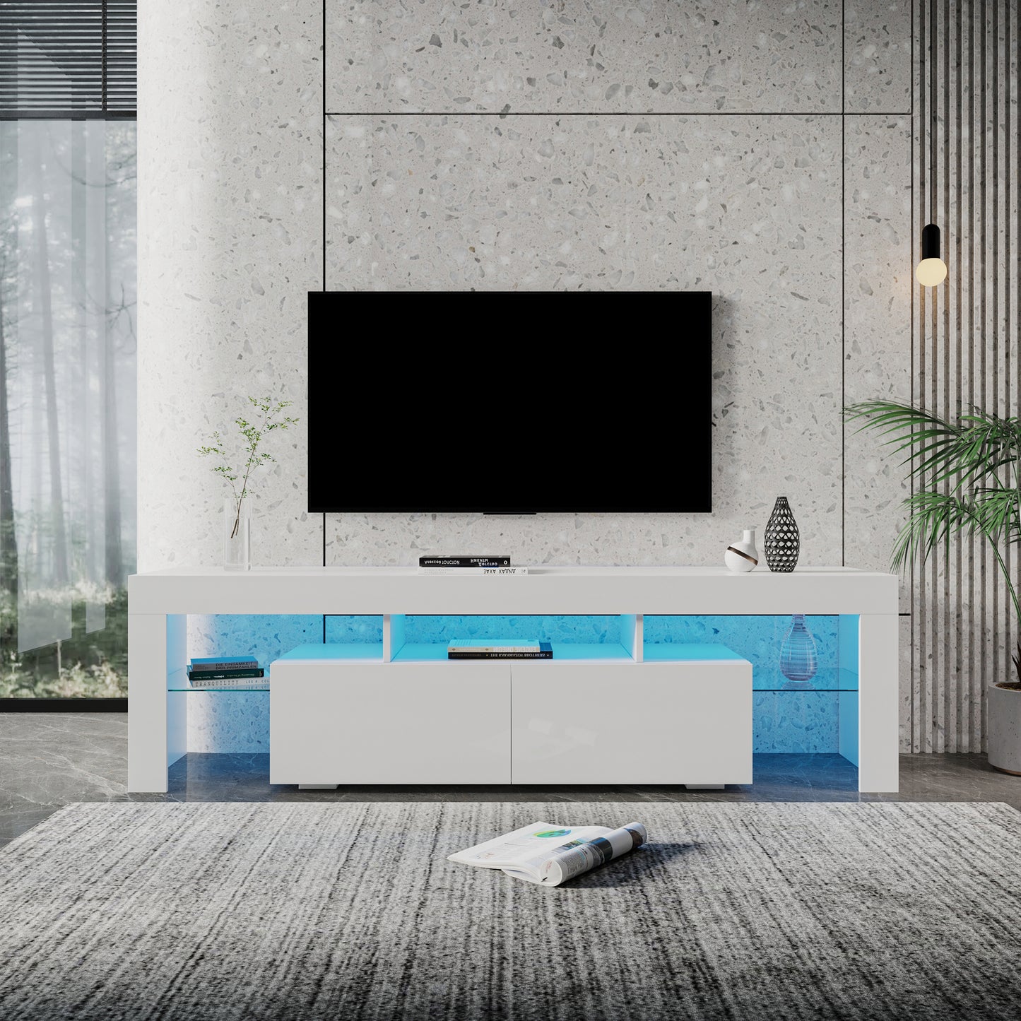 Black TV Stand for 70 Inch TV, Modern High Glossy TV Cabinet with Remote Control 16 Colors LED Lights