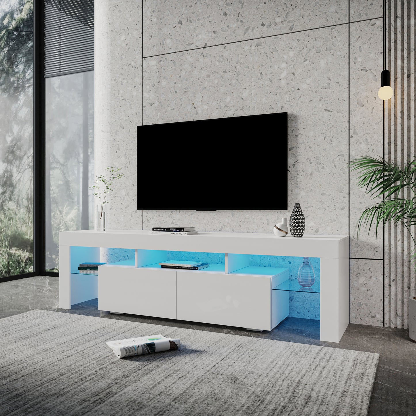 Black TV Stand for 70 Inch TV, Modern High Glossy TV Cabinet with Remote Control 16 Colors LED Lights