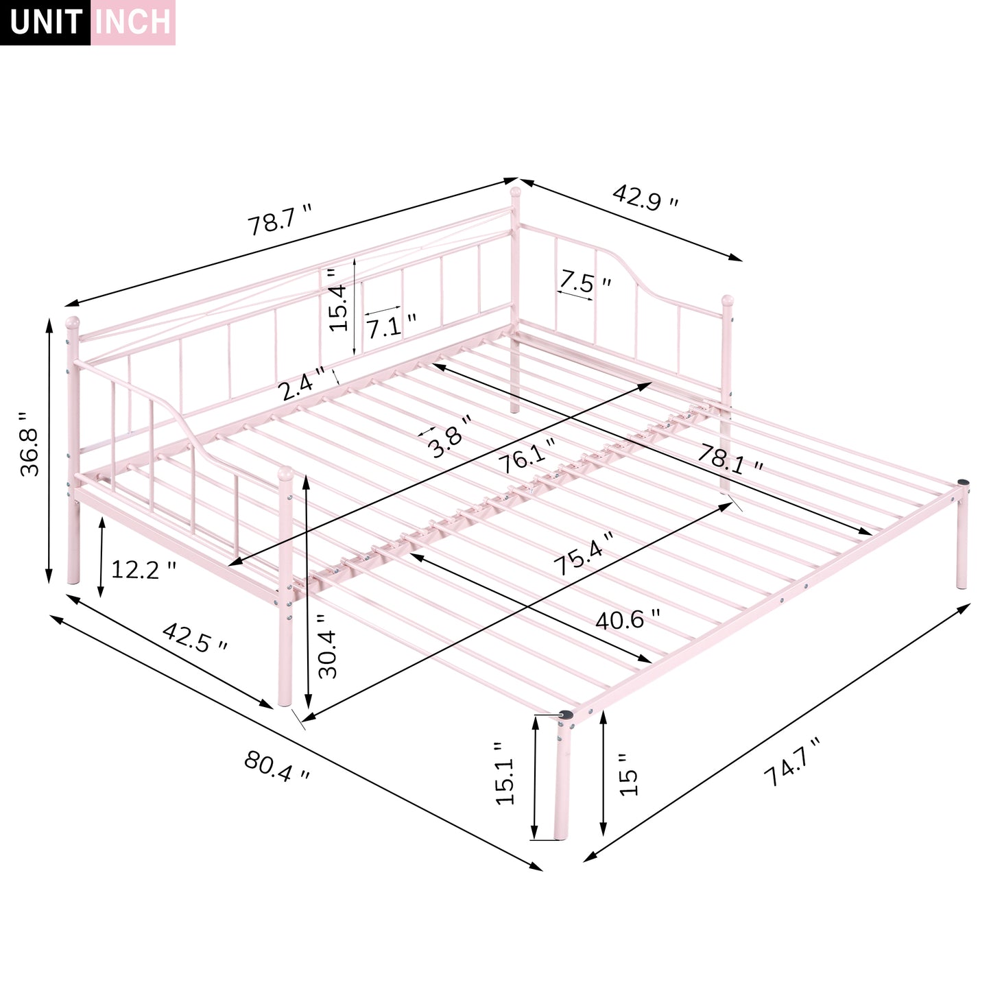 BTMWAY Daybed with Trundle Included, Twin Size Metal Daybed Frame with Adjustable Trundle, Heavy Duty Extendable Daybed with Pop Up Trundle Bed