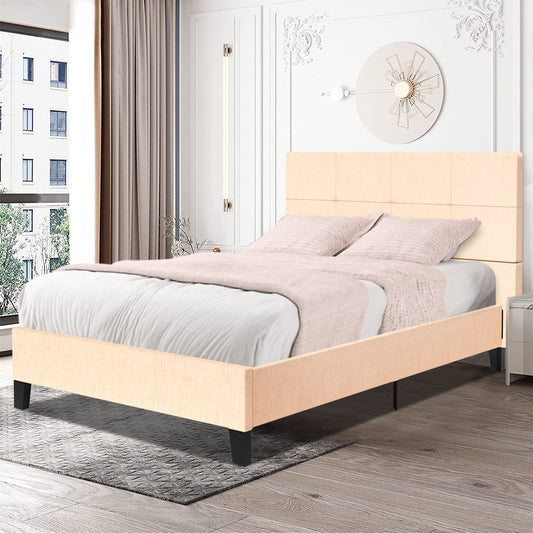 Full Platform Bed Frame, Full Size Bed Frame with Tufted Headboard, No Box Spring Needed, Modern Upholstered Full Platform Bed, Bedroom Furniture Full Bed Frame for Kids Adults, Beige, R056