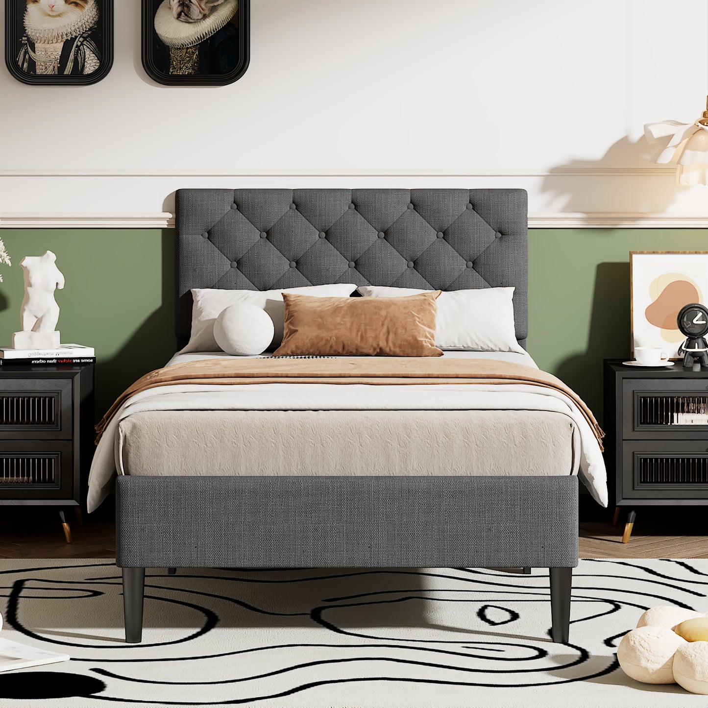 BTMWAY Upholstered Bed Frame, New Upgraded Upholstered Fabric Platform Bed with Headboard, LJC