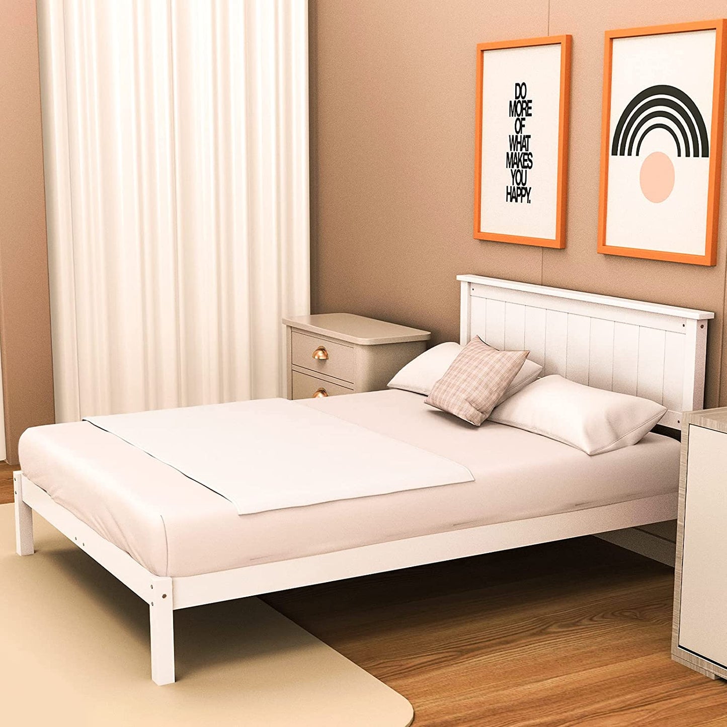 Queen Bed Frame, Wooden Platform Bed Frame Queen Size, White, A02