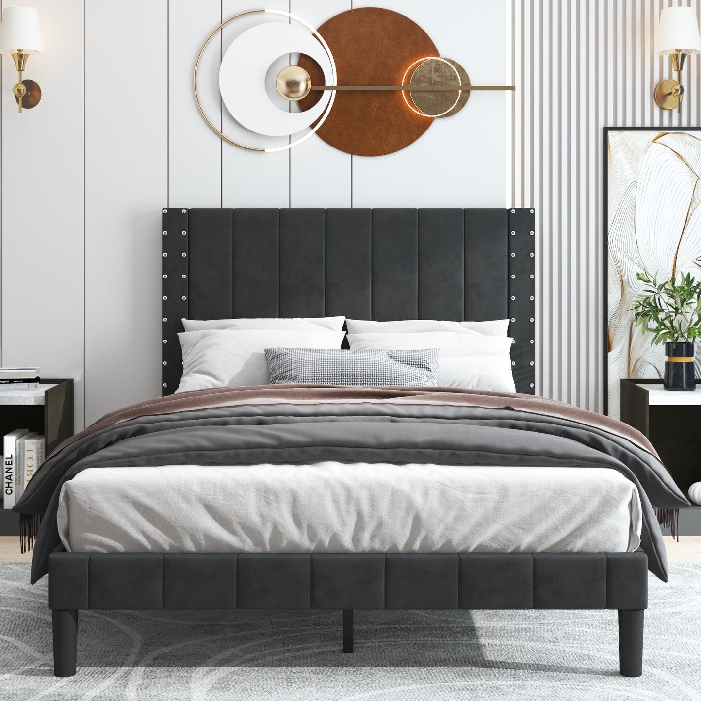 BTMWAY Upholstered Queen Bed, Faux Leather Upholstered Platform Bed Frame with Headboard, LJC