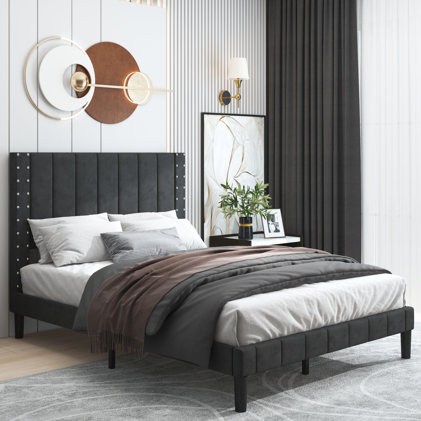 BTMWAY Upholstered Queen Bed, Faux Leather Upholstered Platform Bed Frame with Headboard, LJC